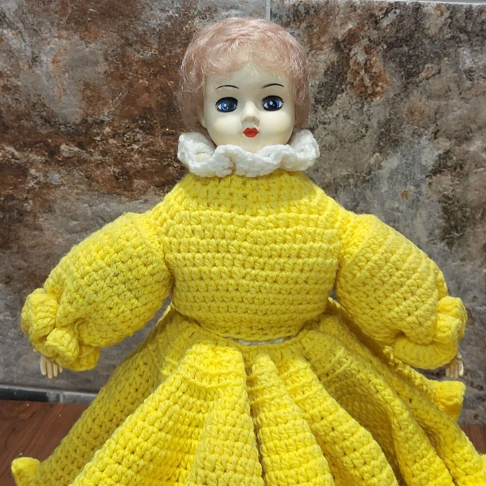 Vintage Porcelain Doll Southern Belle Handmade Yellow White Crochet Dress